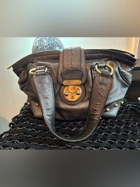 Authentic Dolce & Gabbana Vintage Gunmetal Metallic Leather Studded Hobo Bag